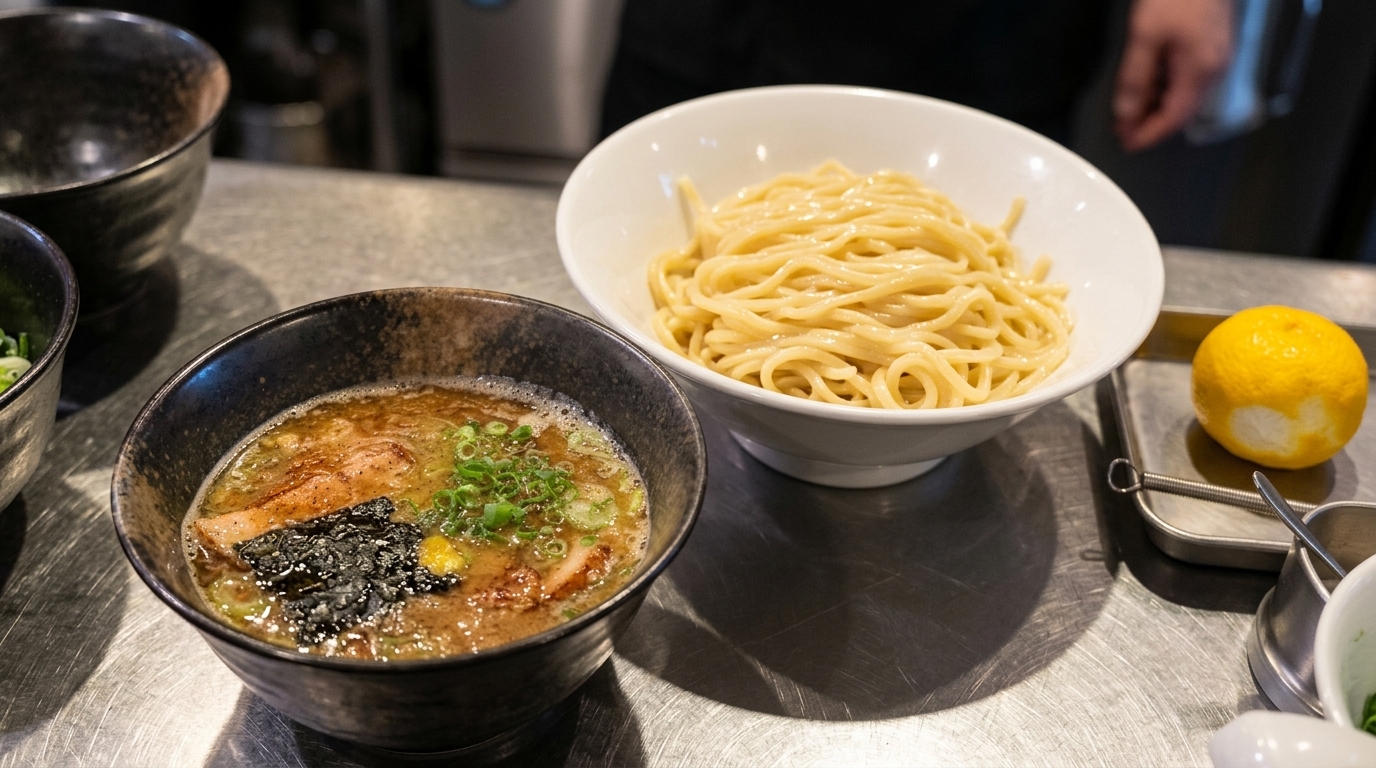 A serving of rich Tsukemen with seared chashu, nori, and thick, cold ramen noodles.