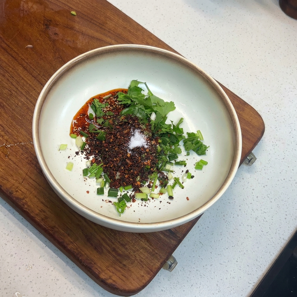 A small pile of white salt sitting on top of dark roasted chili flakes and green herbs in a bowl.
