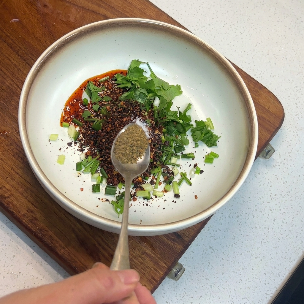 A hand holding a silver spoon filled with greenish-brown Sichuan peppercorn powder above a bowl of spices and herbs.