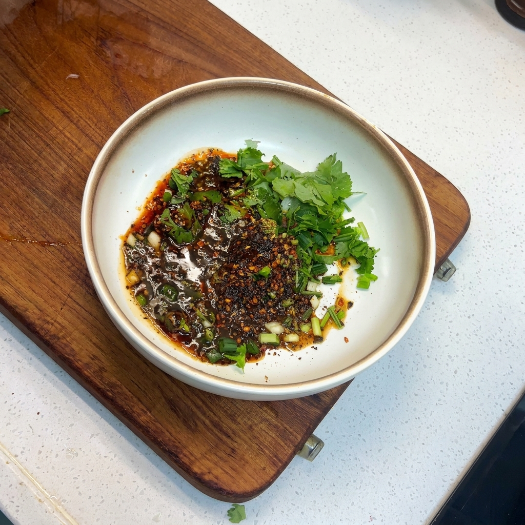 Hot clear water being poured from a metal ladle into a bowl filled with dark sauce and green herbs.