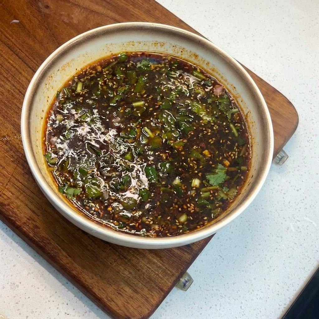 A spoon stirring a dark red, oily broth filled with green cilantro and scallions in a white ceramic bowl.