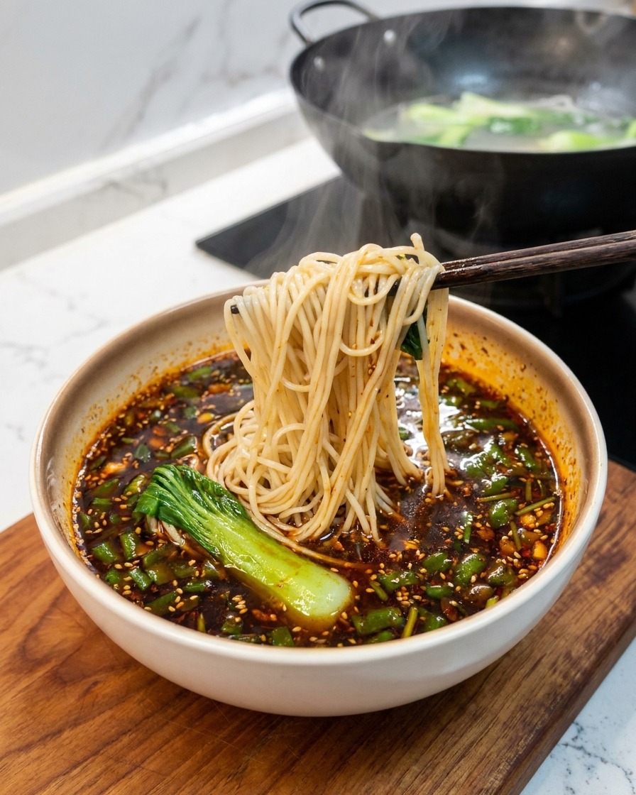 Chopsticks lifting white noodles and a piece of bok choy from a wok into a ceramic bowl filled with dark red spicy sauce and sesame seeds.