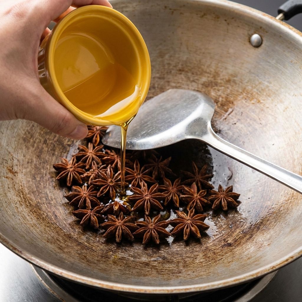 Whole star anise pods in a wok being drizzled with a small amount of oil from a yellow container.