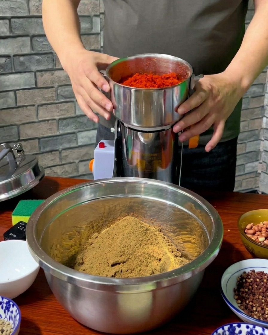 A person holding the top of a stainless steel grinder over a large bowl filled with tan-colored spice powder.