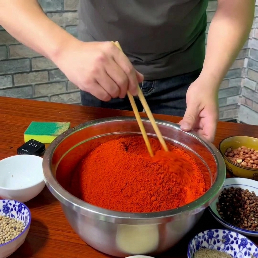 A person using wooden chopsticks to mix a large mound of bright red chili powder with ground spices in a stainless steel bowl.