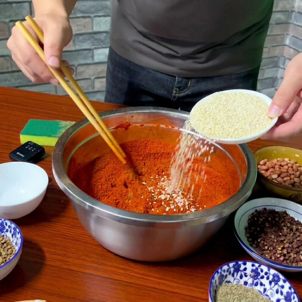 White sesame seeds being poured from a small white dish into a large bowl filled with red chili powder.