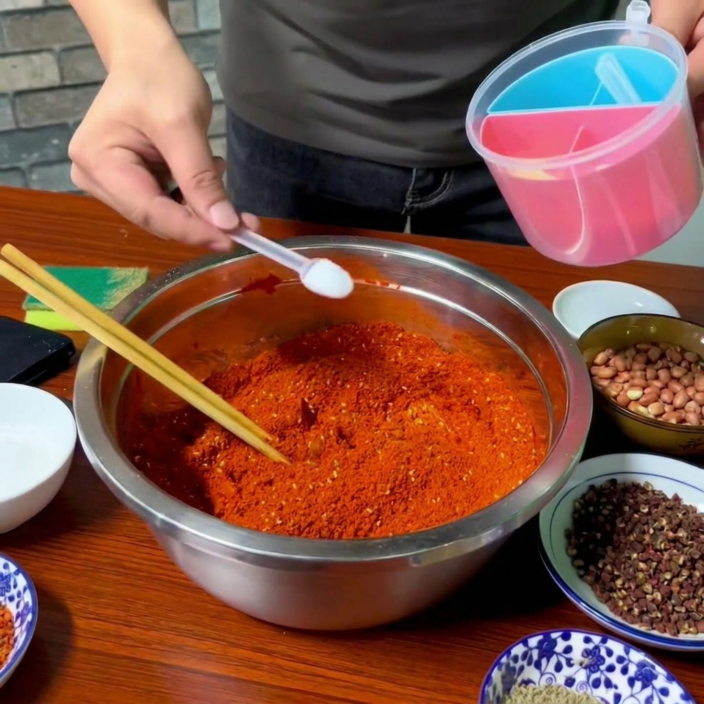 A small white spoon adding salt to a bowl of red chili powder, with a pink seasoning container held nearby.