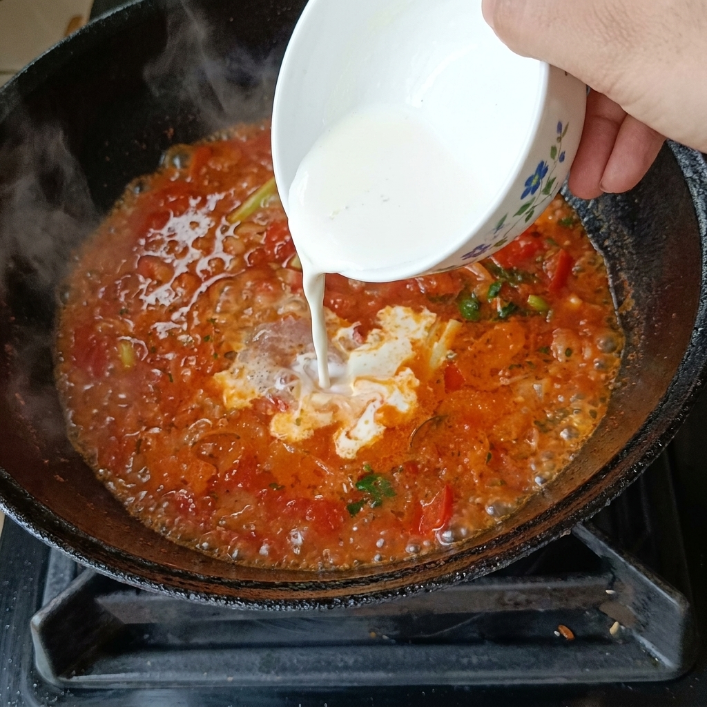 A hand pouring whisked egg from a small floral-patterned bowl into a wok of bubbling tomato soup, with the egg forming bright ribbons on the surface.