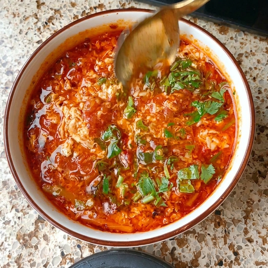 A golden spoon stirring fresh green cilantro into a vibrant bowl of red tomato and egg soup.