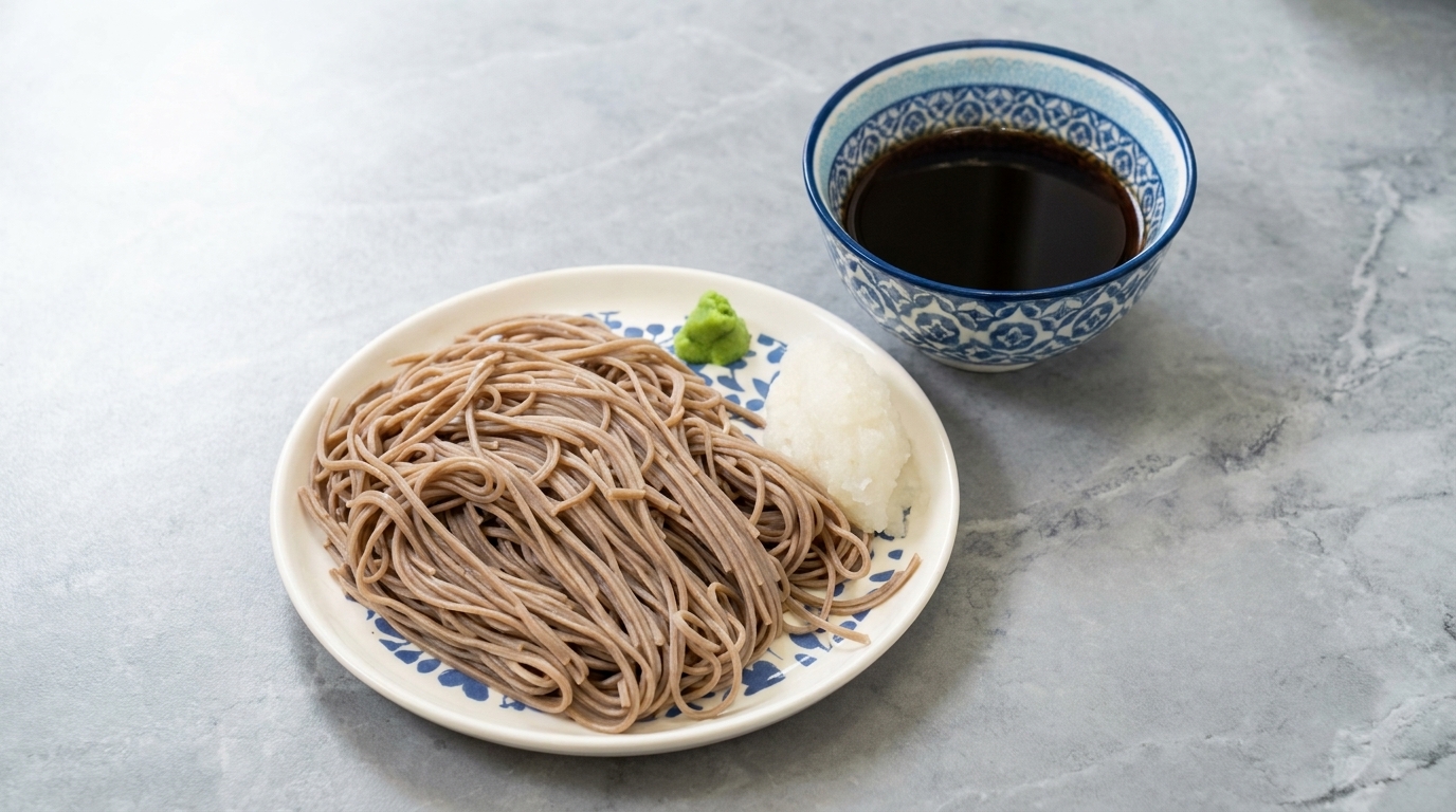 Chilled buckwheat noodles served on a traditional plate with savory dipping sauce, grated daikon, and wasabi.