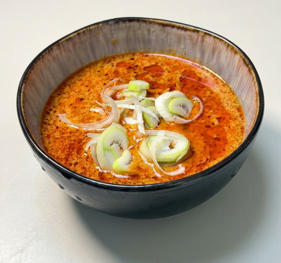 A black bowl filled with thick, orange curry dipping sauce topped with a garnish of sliced white and green scallions.