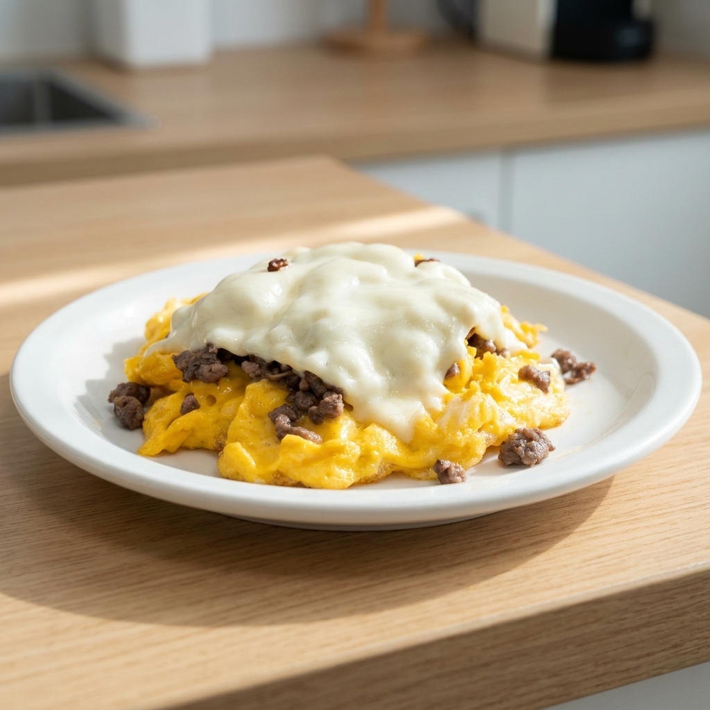 A cooked egg and beef patty on a white plate covered in a thick layer of melted white cheese.