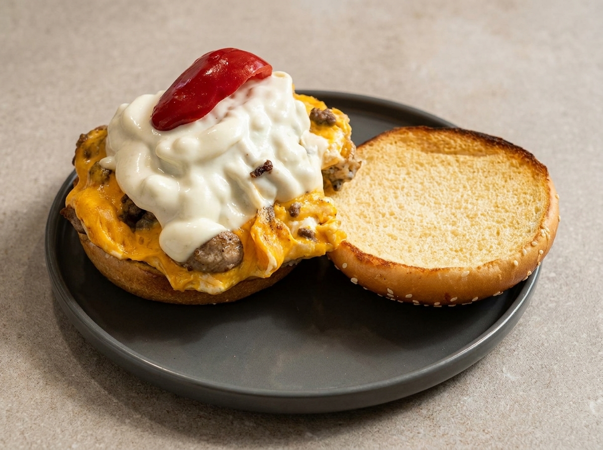 An open burger bun on a grey plate with a cheesy beef and egg stack topped with a red condiment.