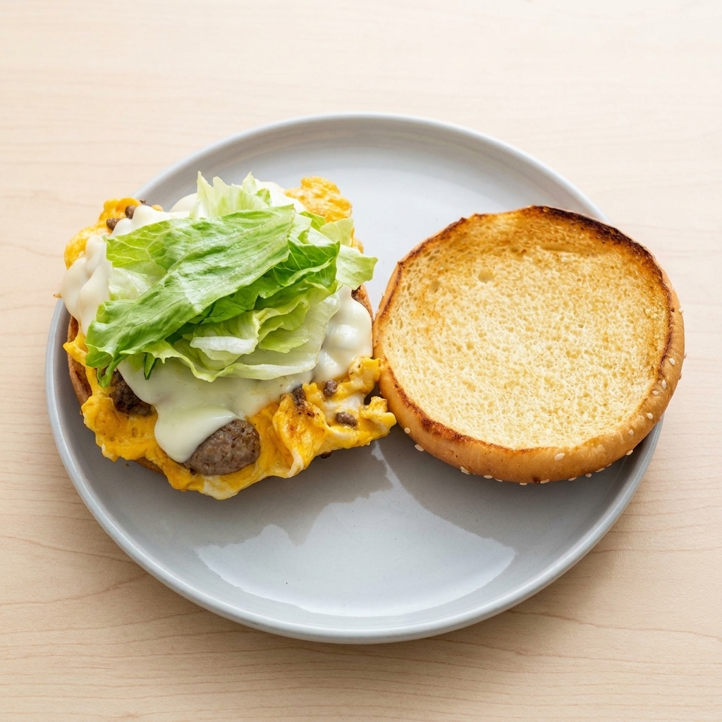 Fresh green lettuce leaves being placed on top of a cheesy beef burger stack on a toasted bun.
