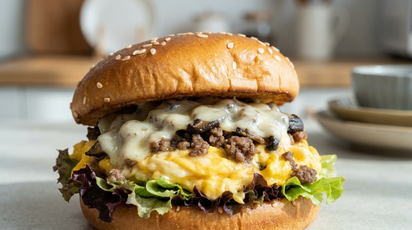 Juicy Mushroom Beef and Cheese Breakfast Burger