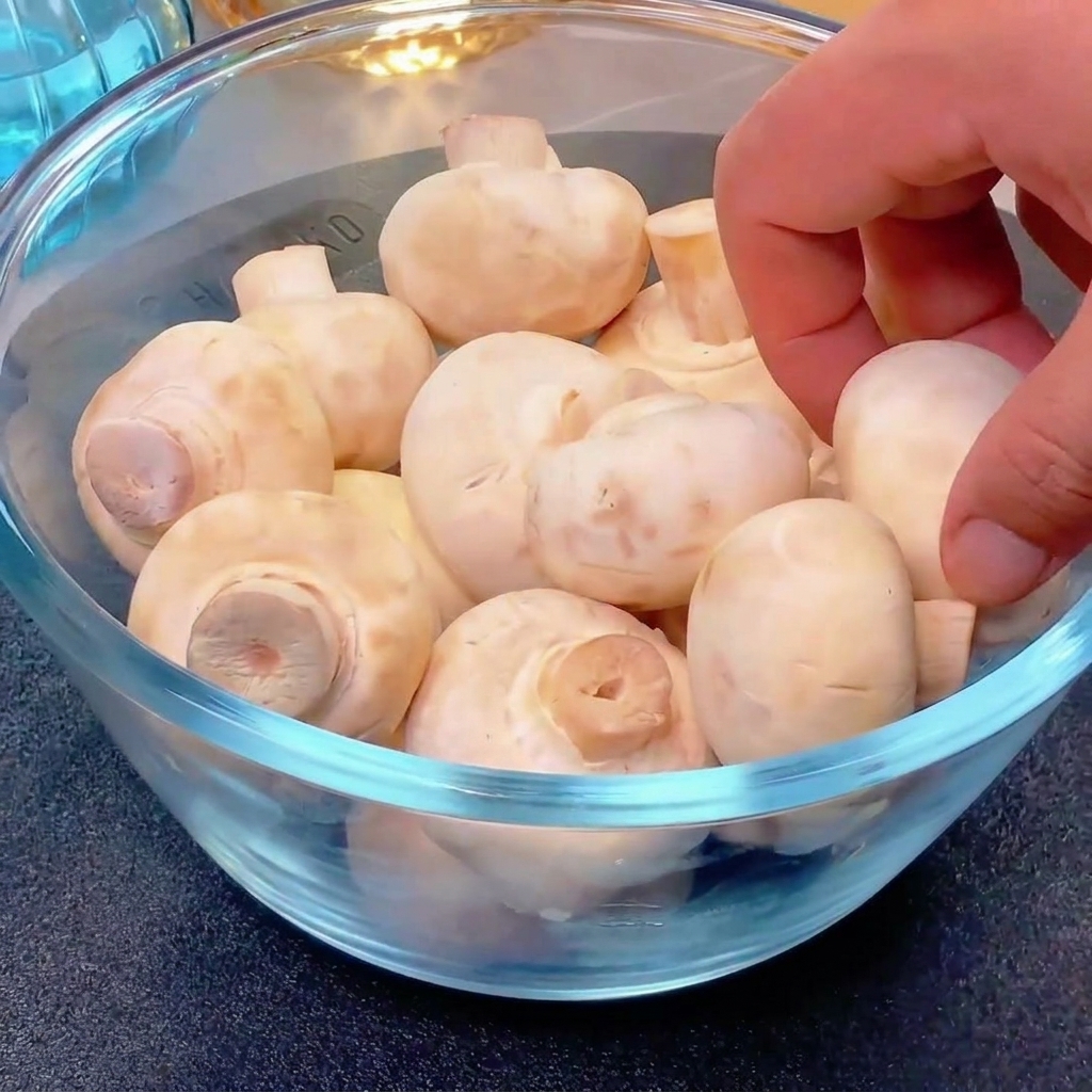 A hand holding a white button mushroom over a glass bowl, demonstrating how to snap the stem away from the cap.