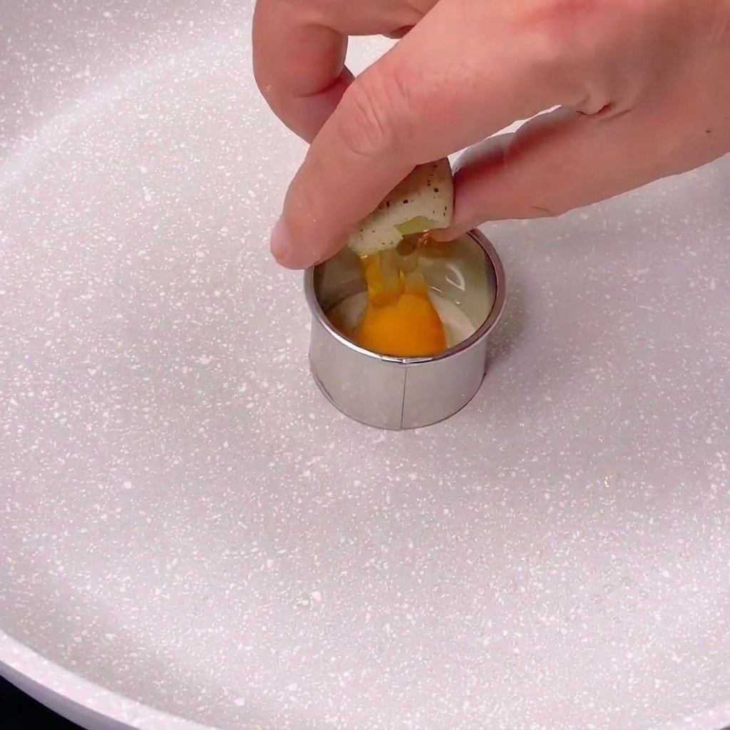 A person cracking a small, speckled quail egg into a silver metal ring mold sitting on a white speckled frying pan.