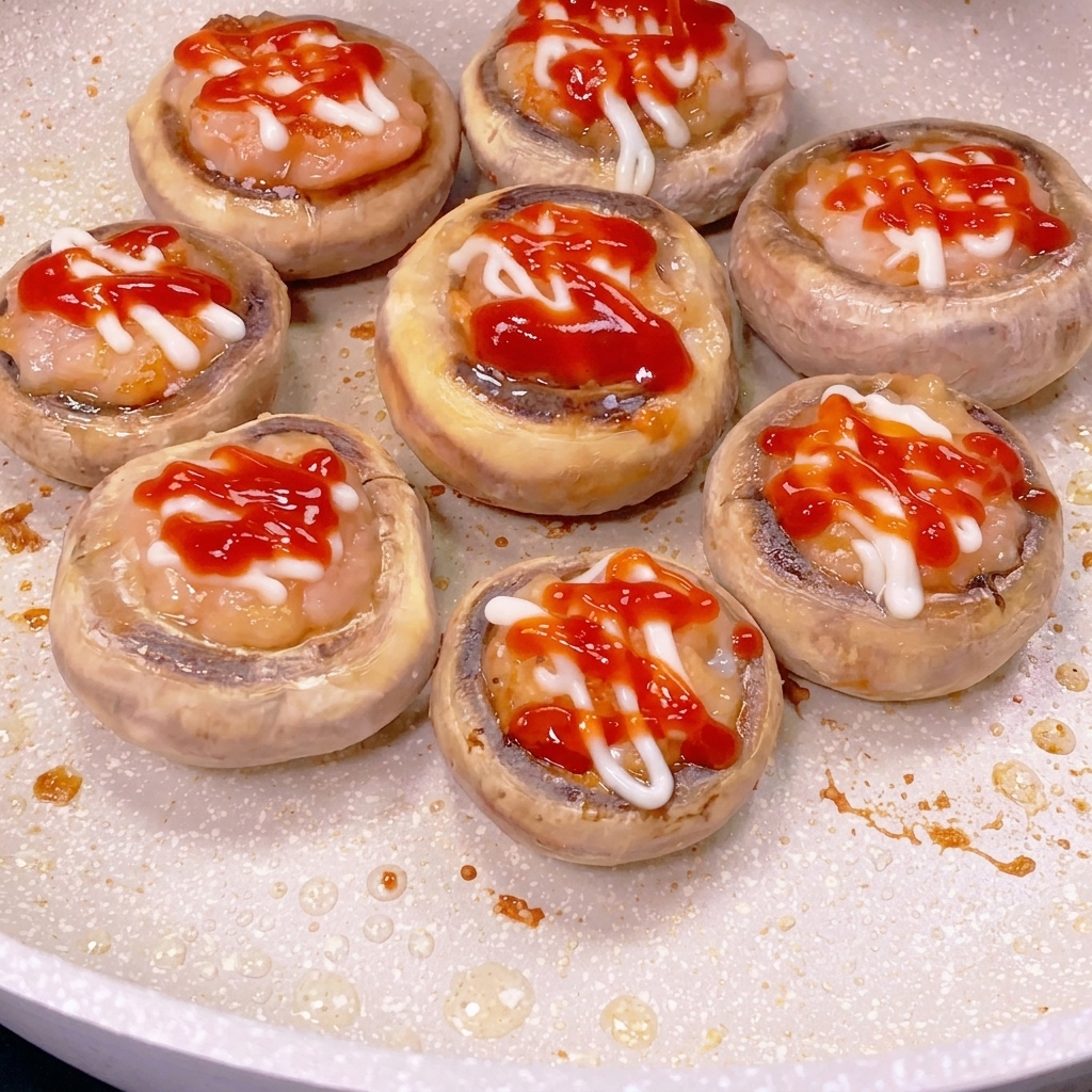 Eight cooked mushroom caps topped with golden shrimp patties, decorated with thin stripes of white mayonnaise and red ketchup.