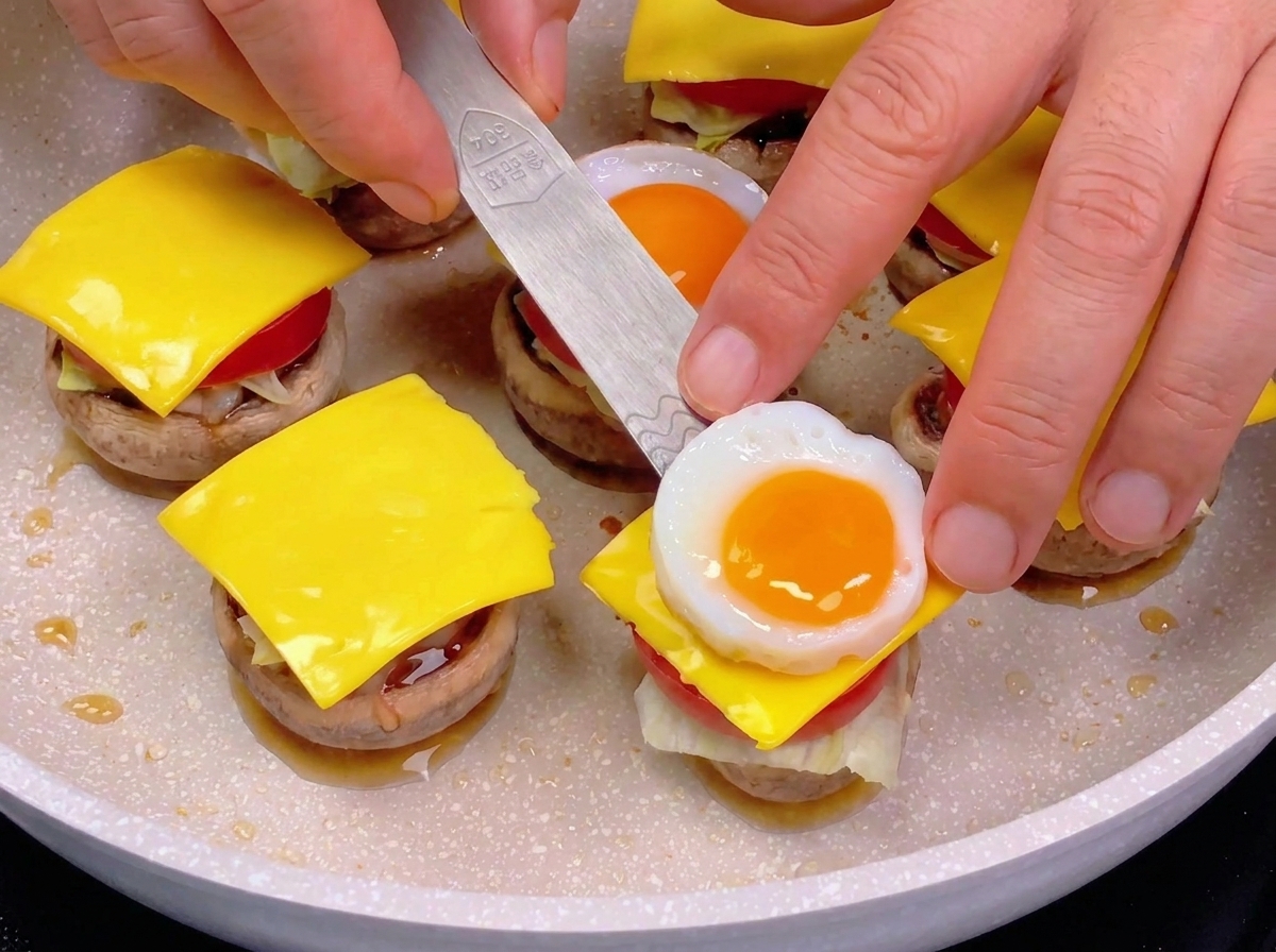 A spatula placing a sunny-side-up fried quail egg onto a slice of yellow cheese on a mushroom burger base.
