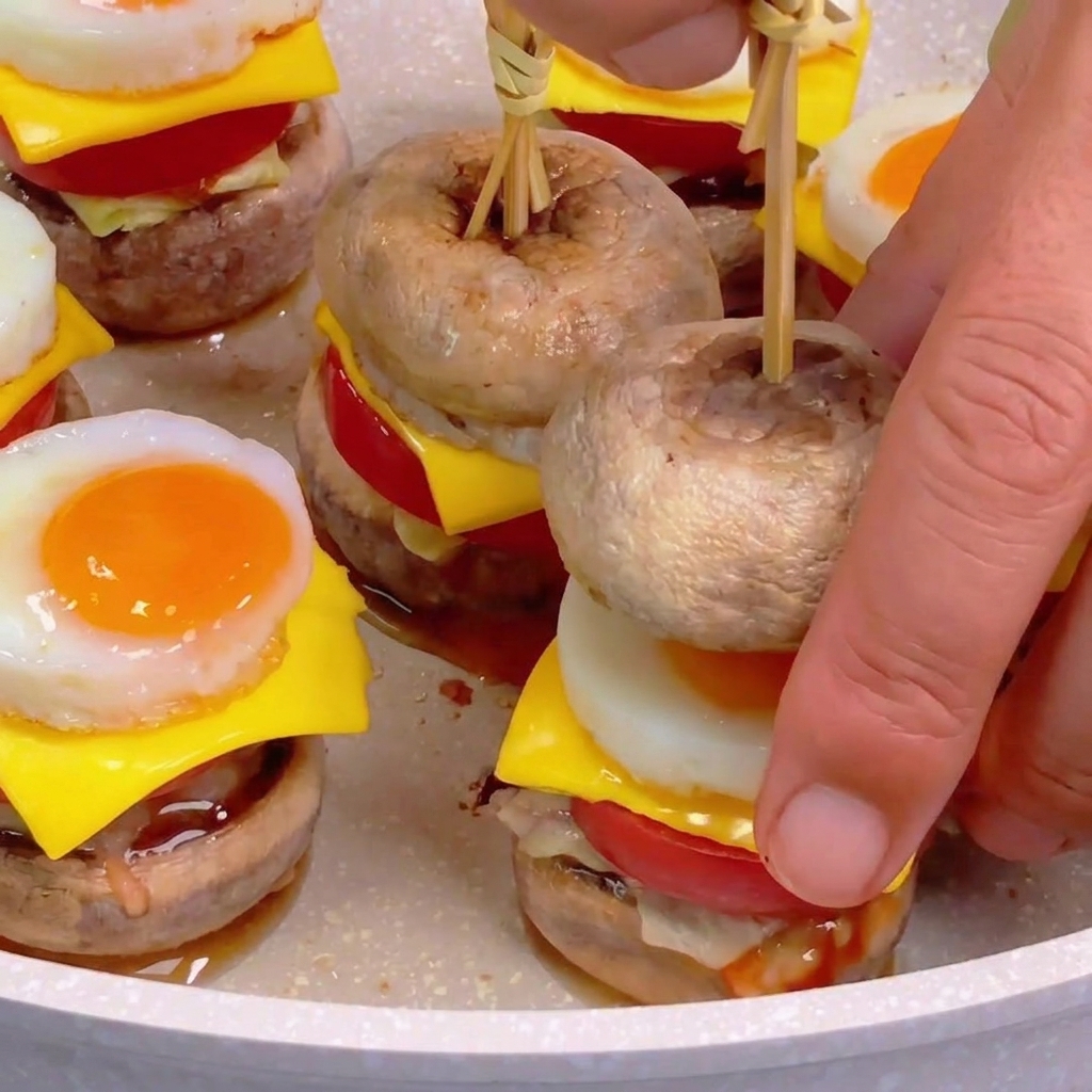 Hands placing a top mushroom cap onto a mini burger and securing it with a knotted bamboo skewer.