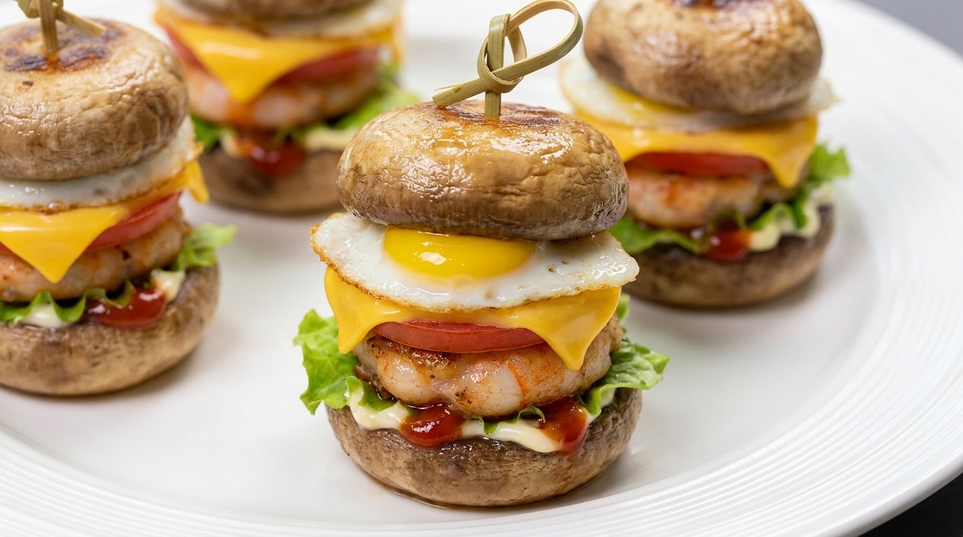 Mini Mushroom Shrimp Burgers with Quail Eggs