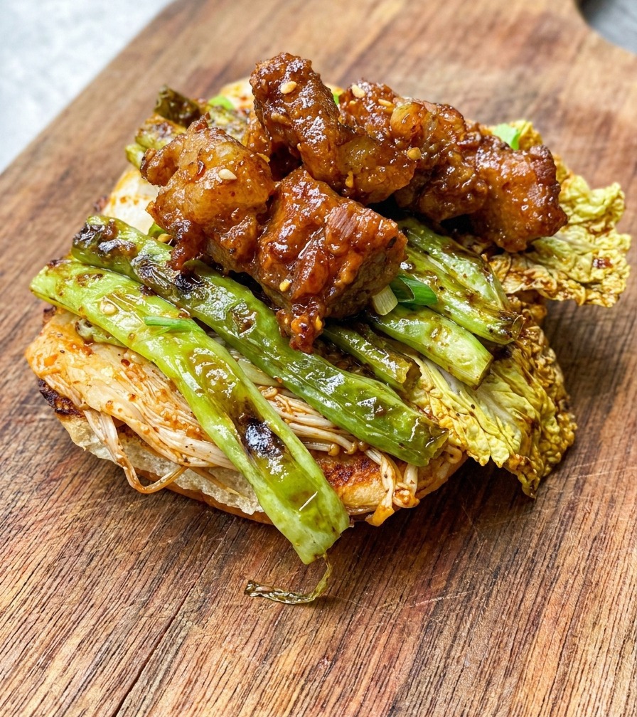 A toasted burger bun base on a wooden board topped with grilled cabbage, green beans, and glazed beef skewers.