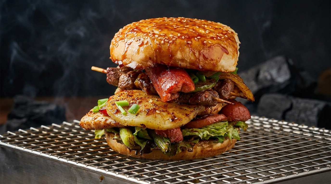 Ultimate BBQ Tower Burger with Grilled Skewers
