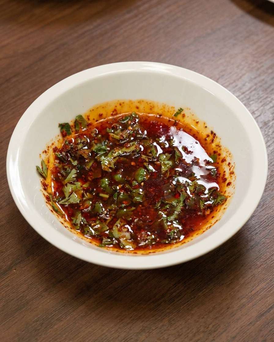 A white bowl filled with a well-mixed red chili and oil marinade, with specks of green cilantro visible.