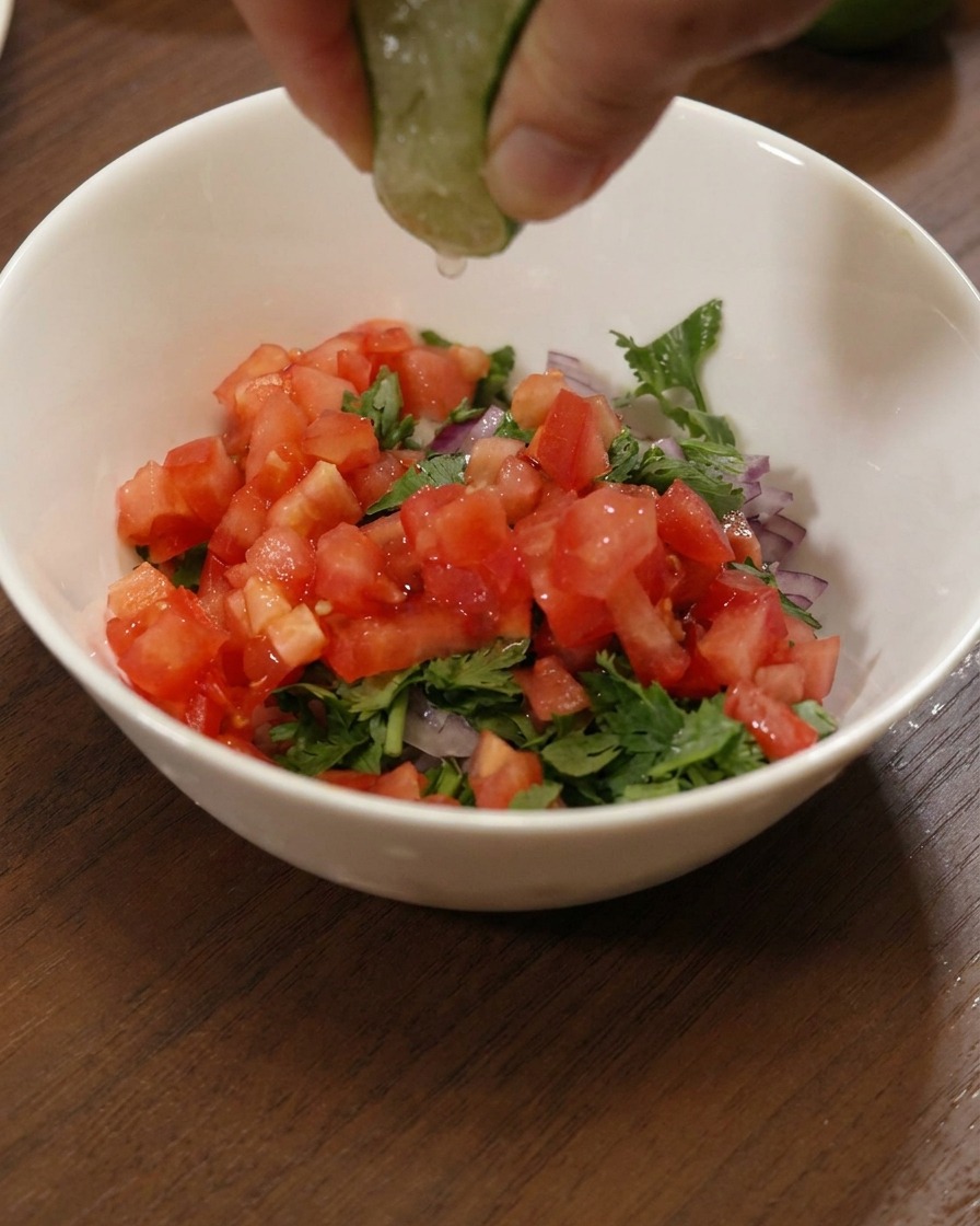 A hand squeezing a fresh lime wedge over a bowl of diced tomatoes, onions, and cilantro, with a drop of juice falling.