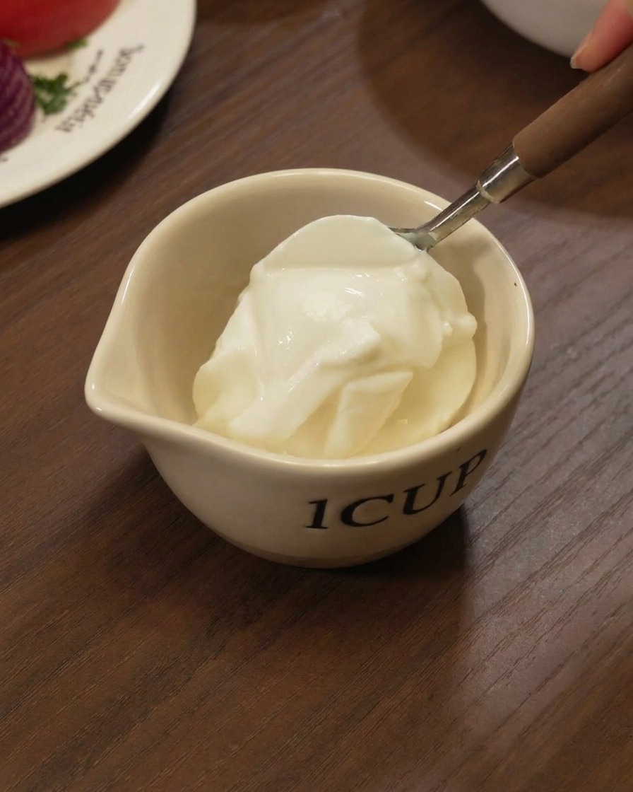 A metal spoon placing a dollop of thick creamy white yogurt into a small white cup.