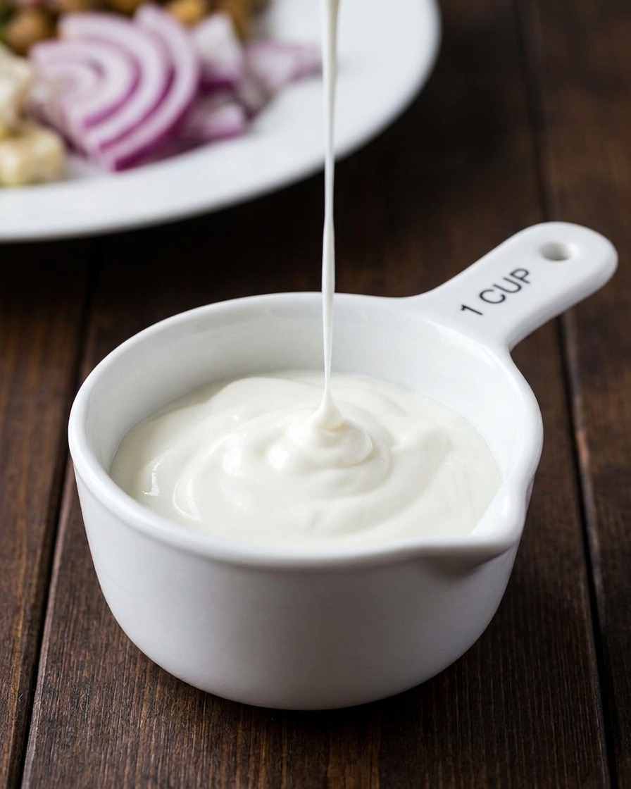 A thin stream of creamy white mayonnaise being poured into a white ceramic cup containing yogurt.