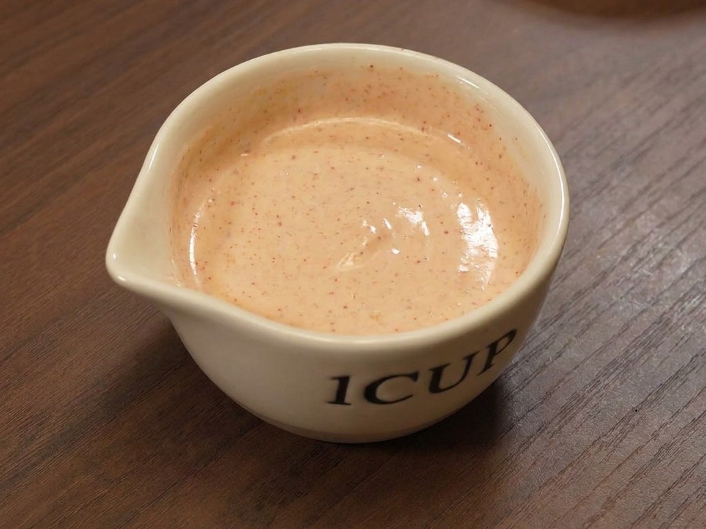 A small white ceramic cup filled with a well-blended, smooth pinkish-orange burger sauce on a wooden tabletop.