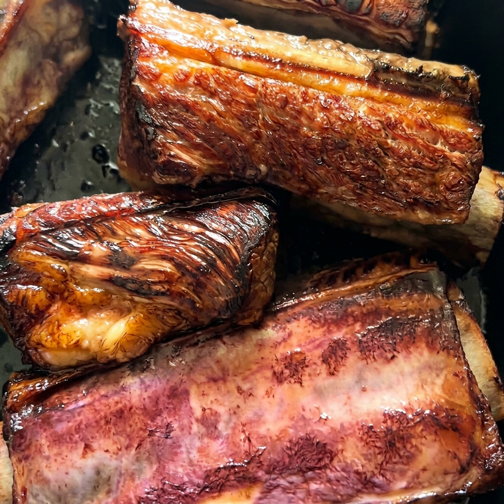 A close-up of thick beef ribs with a deeply caramelized and charred crust from searing.