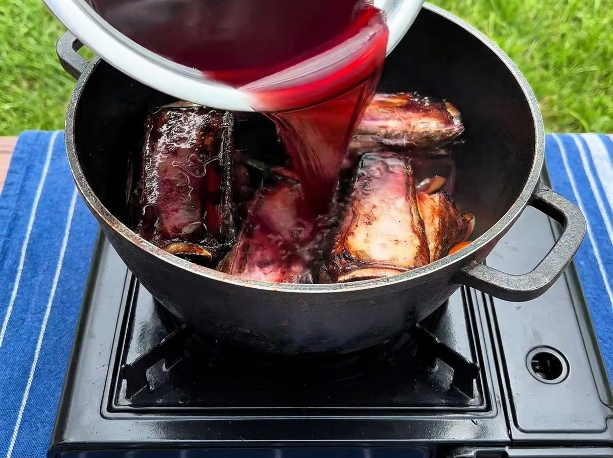 A deep red wine marinade being poured from a metal bowl into a black cast iron pot containing seared beef ribs and aromatic vegetables.