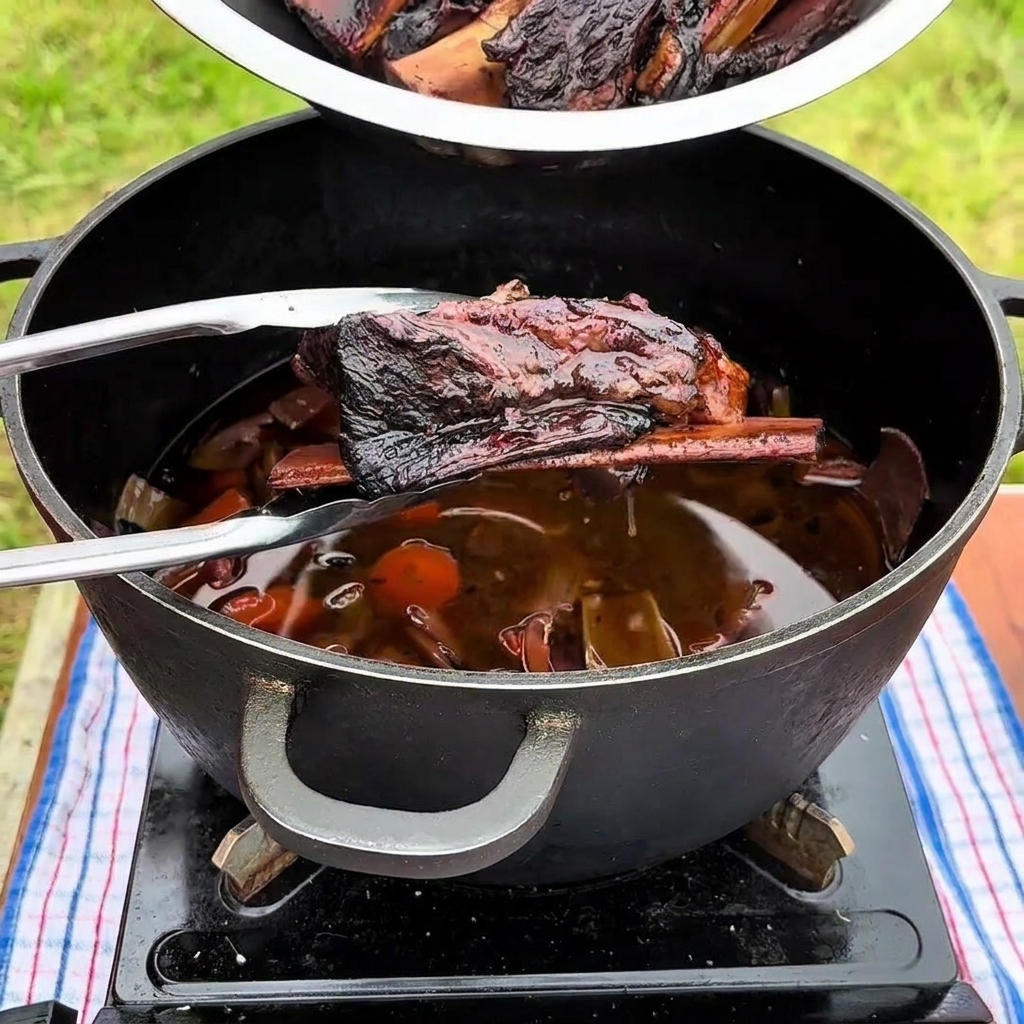Metal tongs lifting a large, dark braised beef rib from a black pot filled with rich simmering braising liquid and soft carrots.