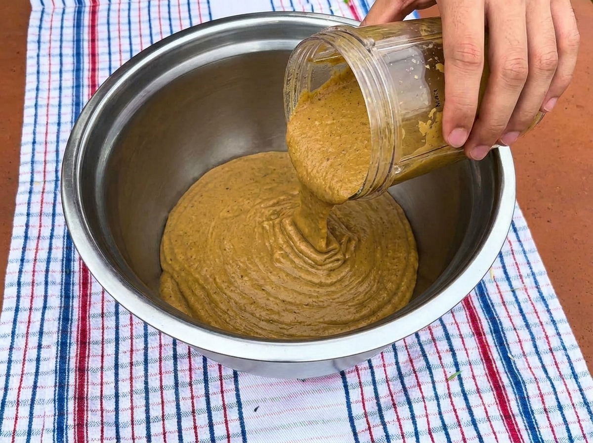 Hands pouring a thick, pureed vegetable mixture from a blender cup into a stainless steel bowl.