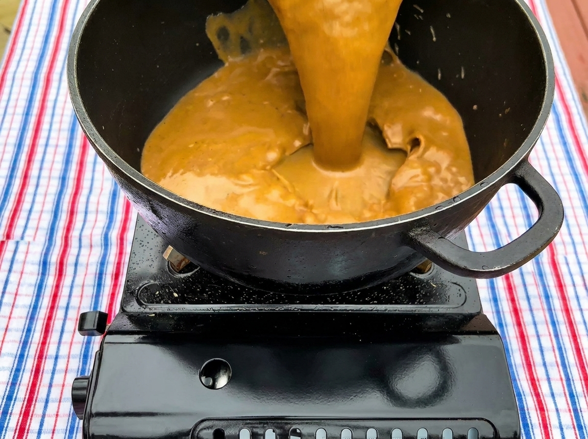 A thick brown sauce being poured into a black pot sitting on a portable stove.