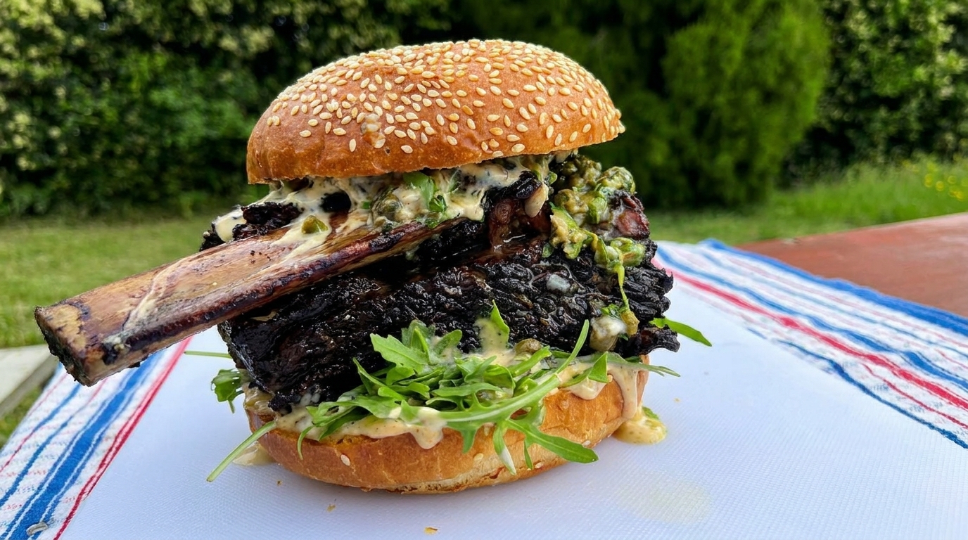 A massive braised beef rib burger with arugula, creamy wine sauce, and bright caper relish on a sesame bun
