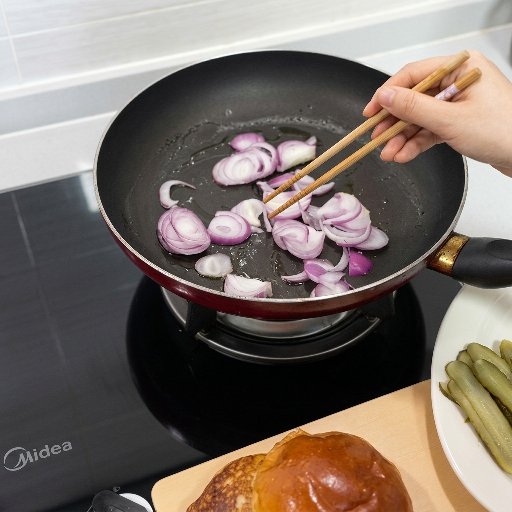 Red onion slices being stir-fried with chopsticks in a frying pan until soft and fragrant.