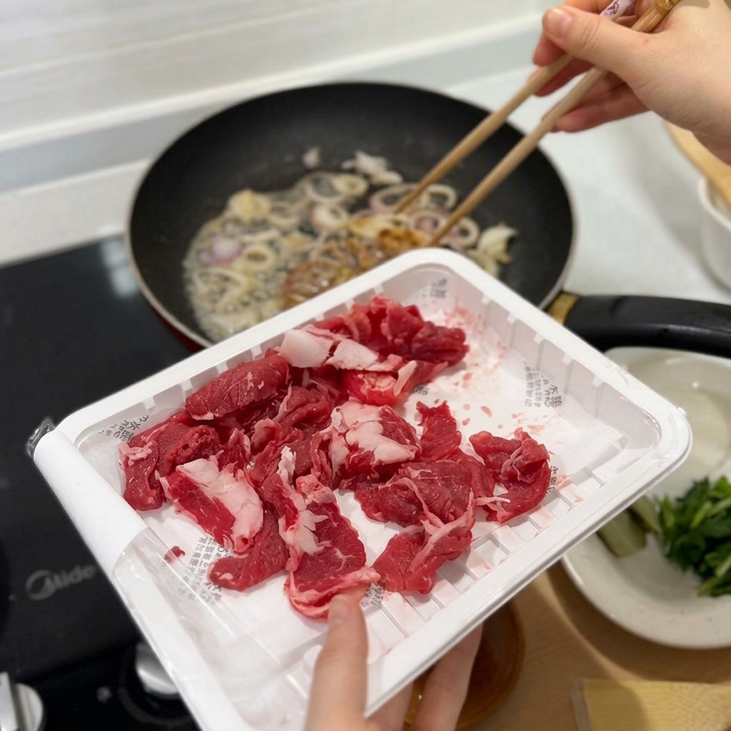 A container of fresh, thinly sliced raw beef being held over a pan of sautéing onions.