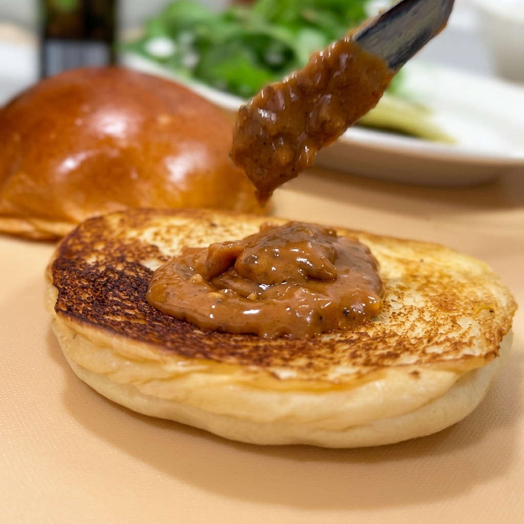 A knife spreading a thick, savory peanut sauce onto the golden surface of a toasted brioche burger bun.