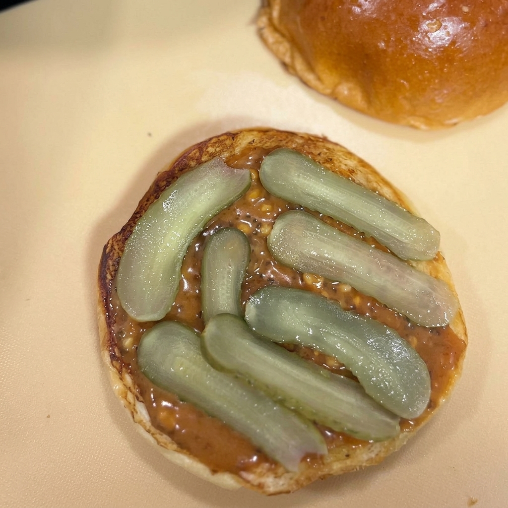 Slices of green pickles layered flat on top of a savory brown sauce spread across a toasted brioche burger bun.