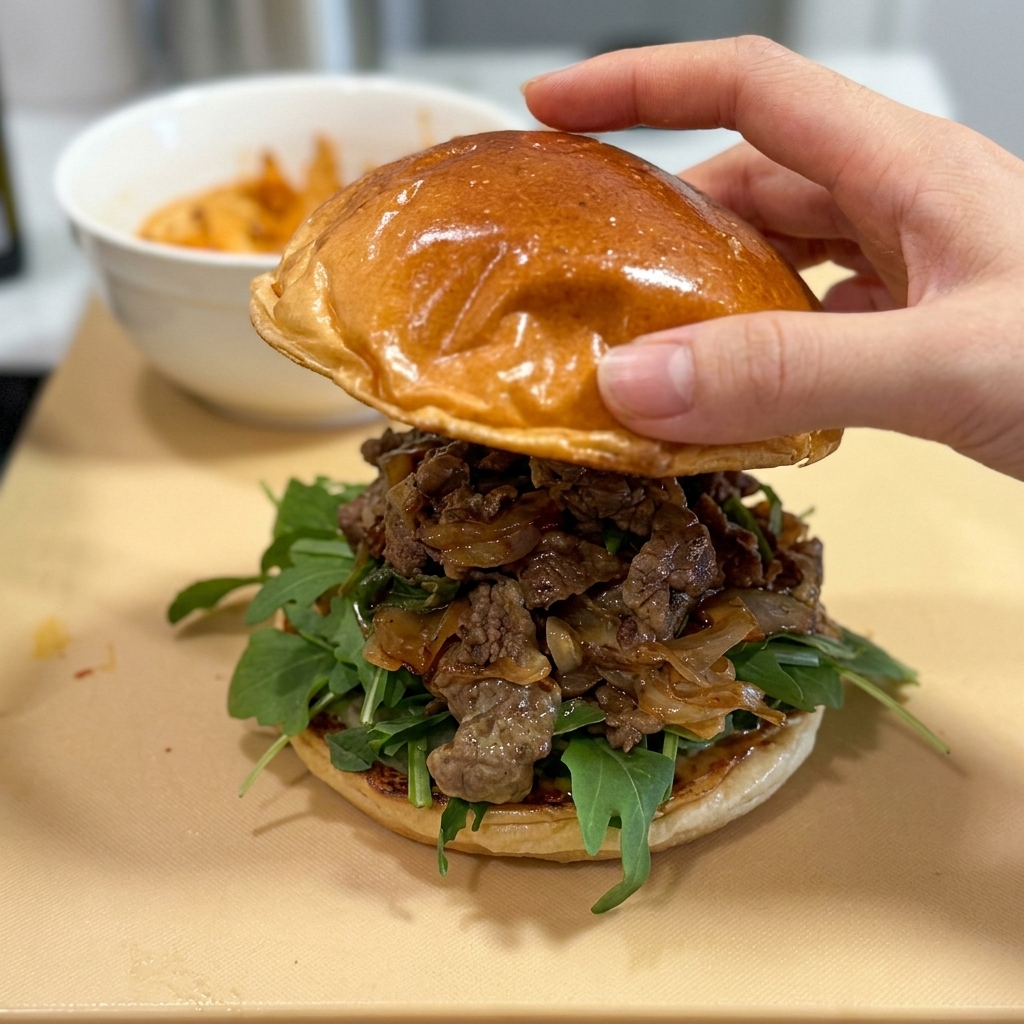 A hand lowering the glossy top half of a toasted brioche bun onto a fully stacked cheesy beef and arugula burger.