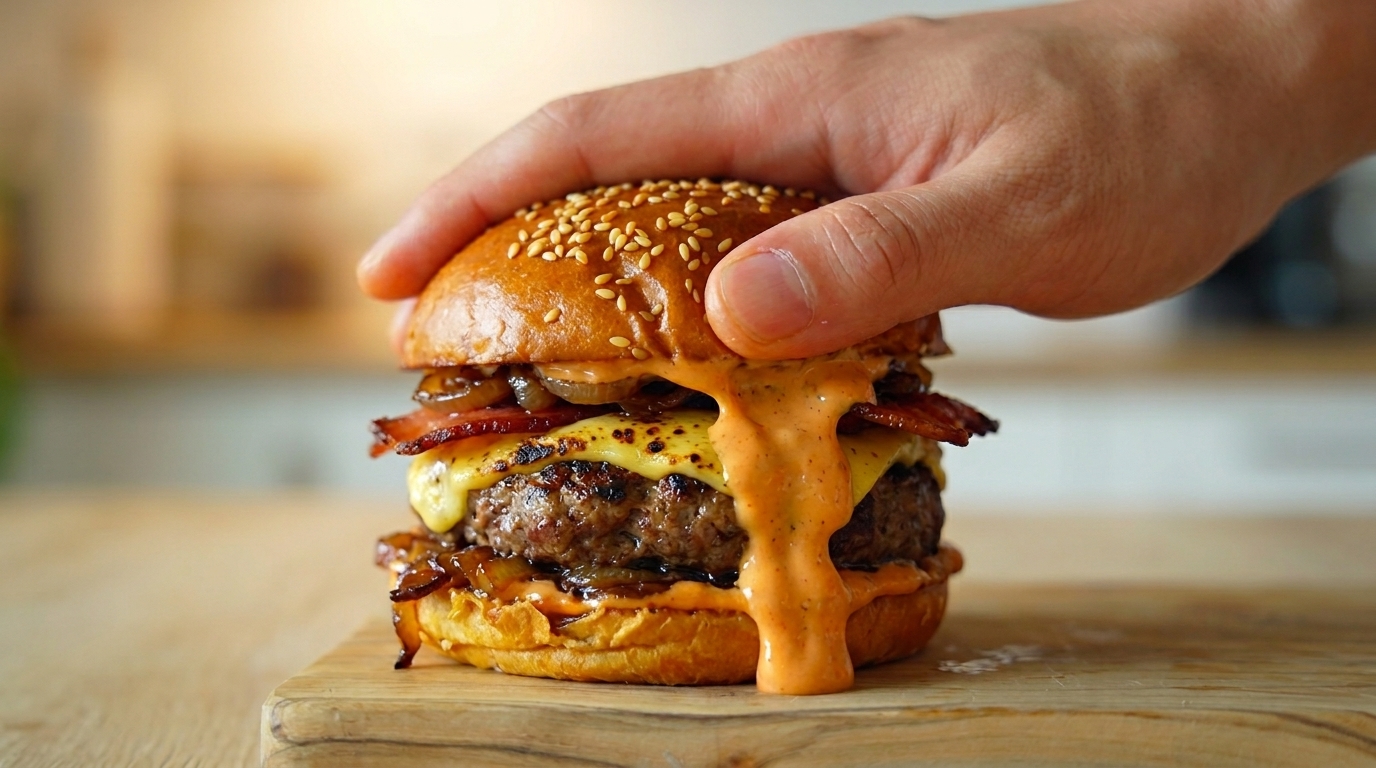 Gourmet Caramelized Onion Bacon Beef Burger