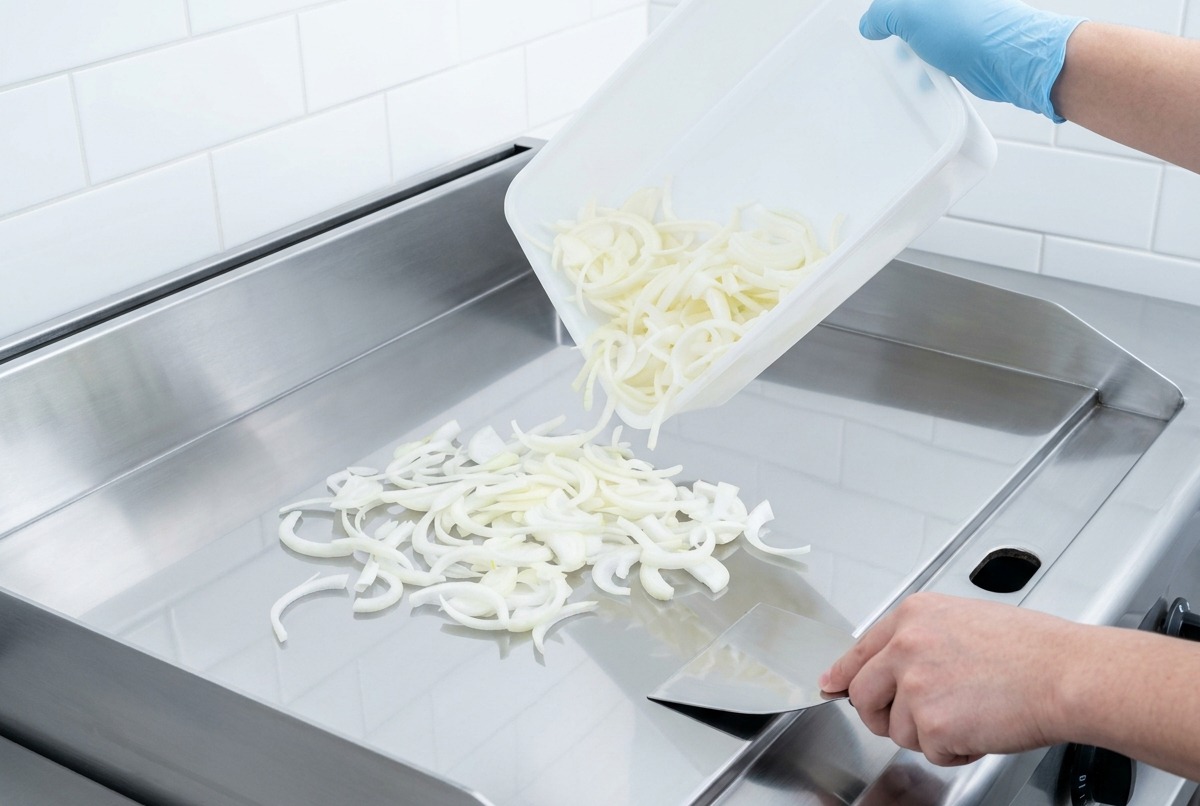 Raw onion slices being scattered onto a large, clean stainless steel flat-top grill by a person wearing blue gloves.