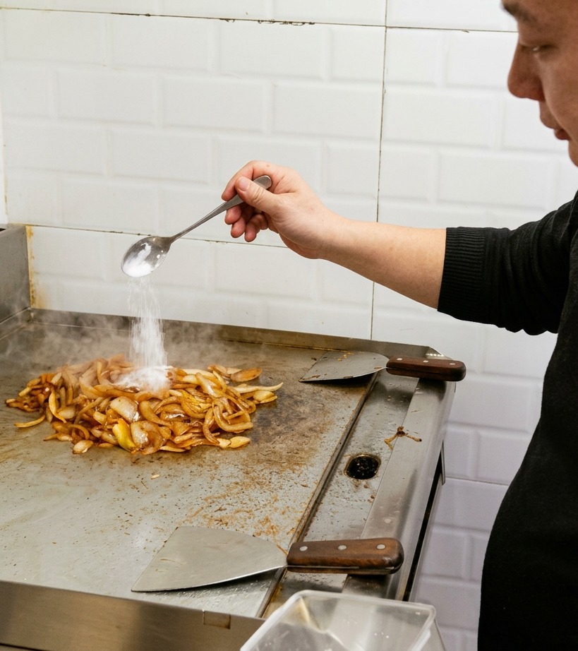 Granulated white sugar being poured from a spoon onto a pile of deeply caramelized brown onions on a flat-top grill.