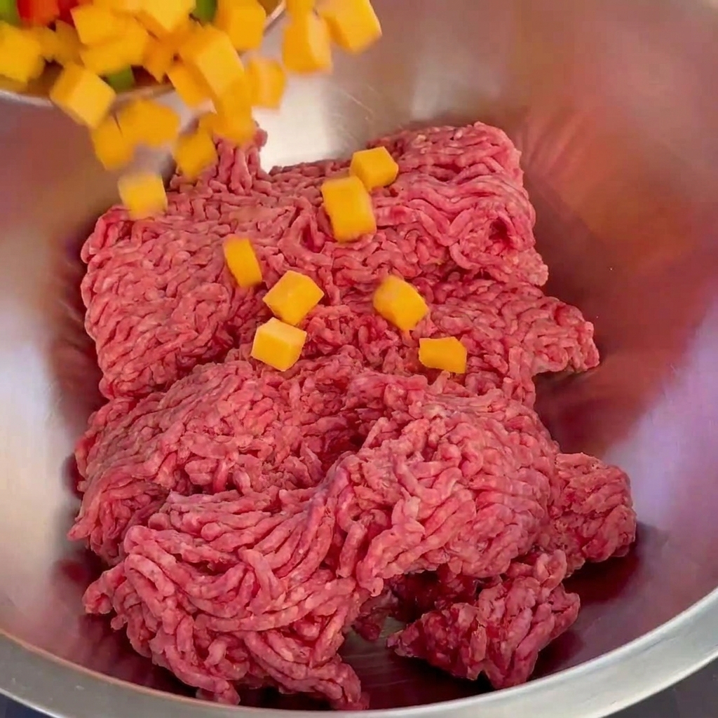 Green bell peppers and cubed cheddar cheese being added to ground beef in a metal bowl.