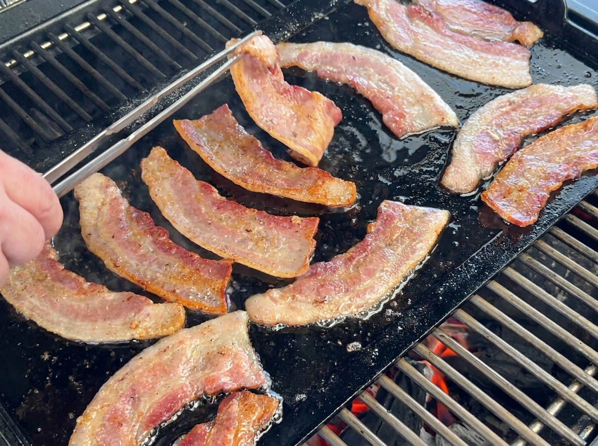 Thick bacon strips cooking and sizzling on a flat-top griddle over a hot grill, with tongs flipping one strip.