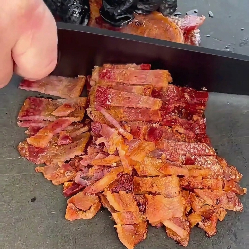 Cooked, crispy bacon strips being finely diced with a black chefs knife on a dark gray surface.