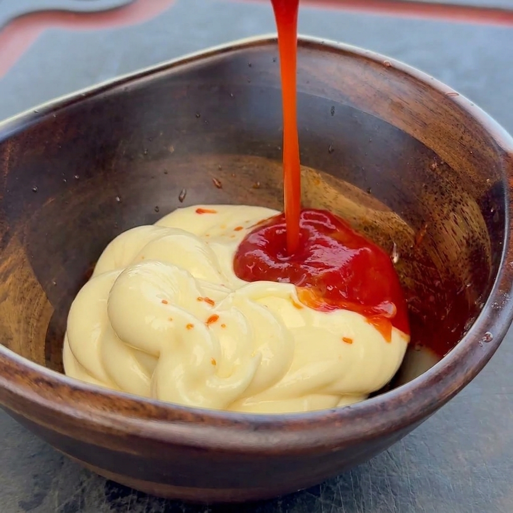 Red ketchup being poured into a wooden bowl filled with a swirl of mayonnaise.